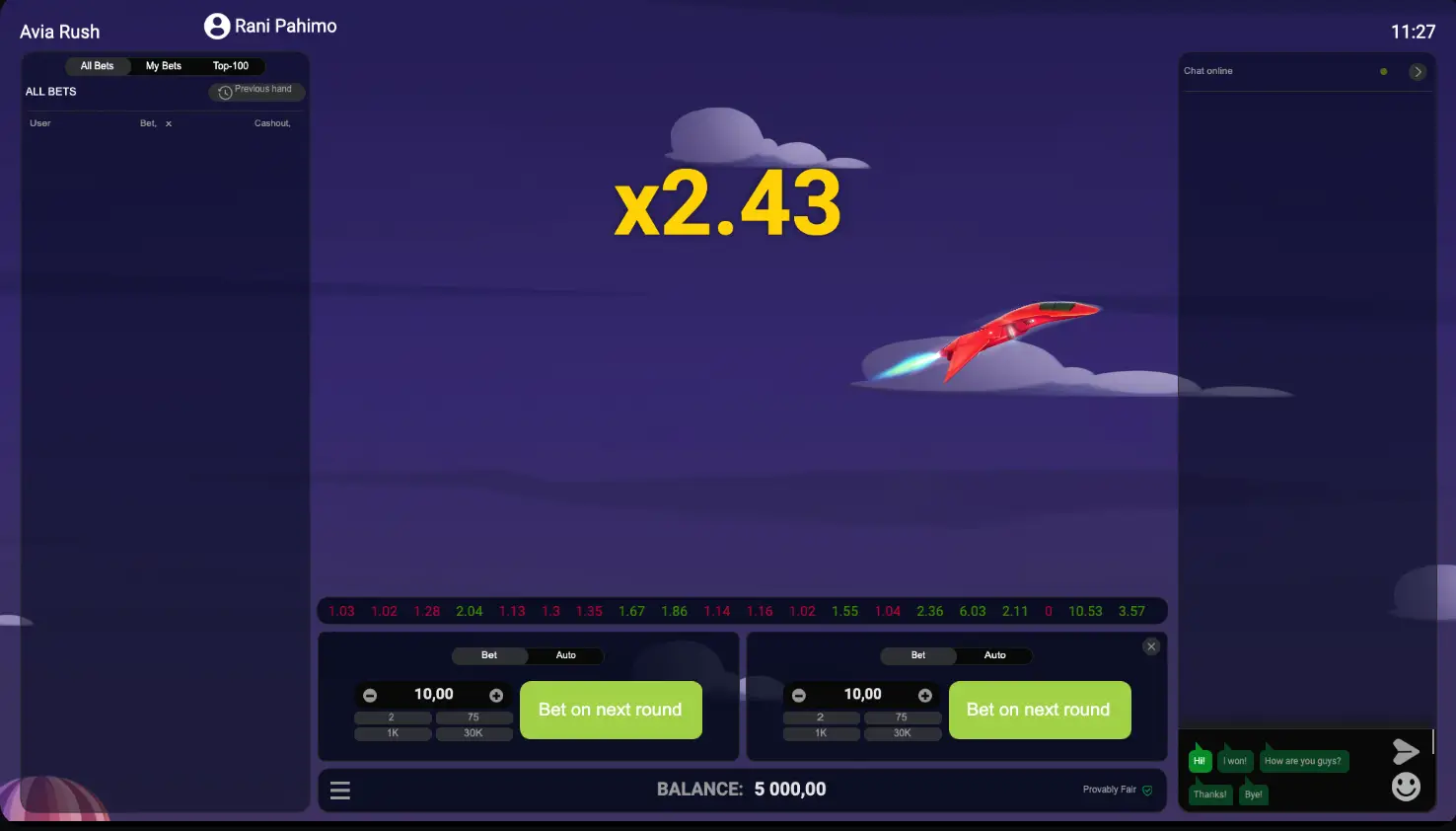 Avia Rushでx1000の高倍率が出たラウンド