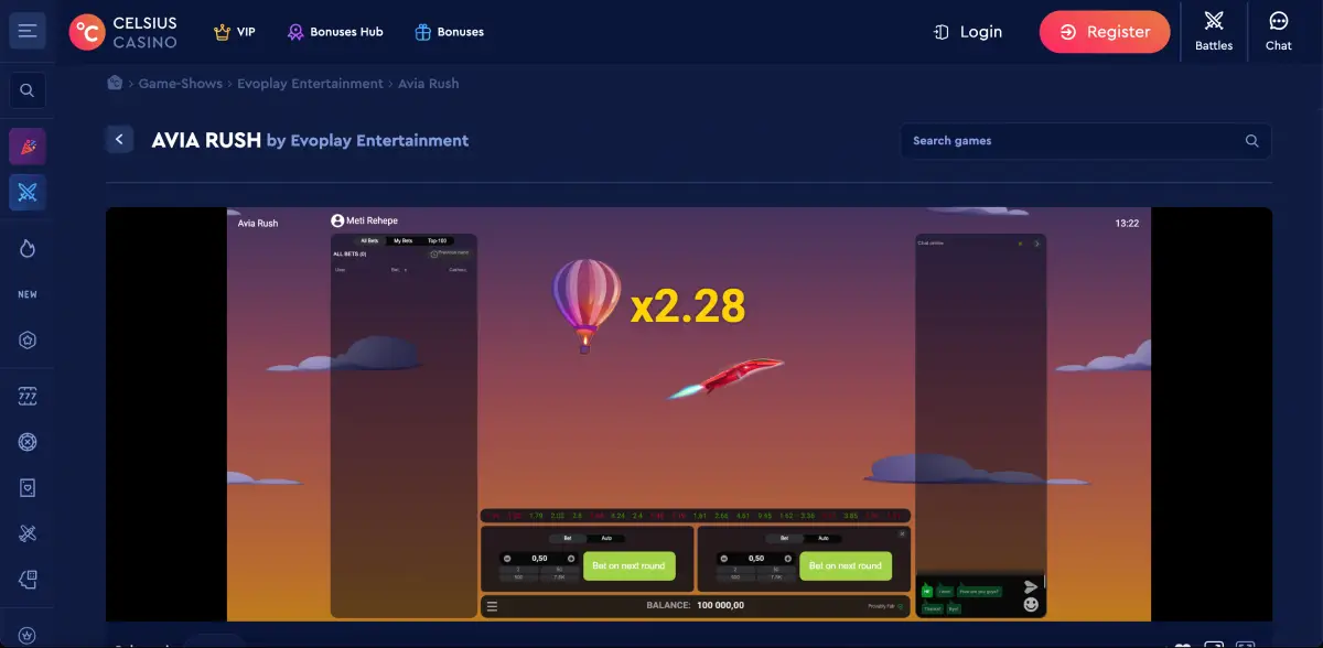 Celsius Casinoのインターフェースで動作するAvia Rushクラッシュゲーム