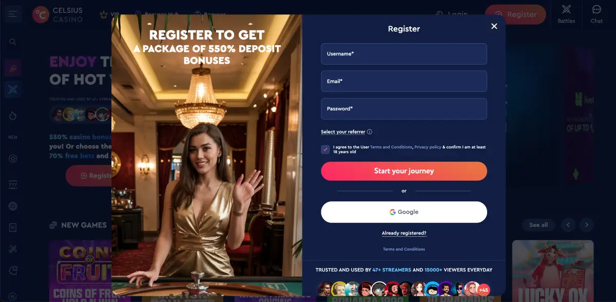 Avia RushにアクセスするためのCelsius Casino登録画面