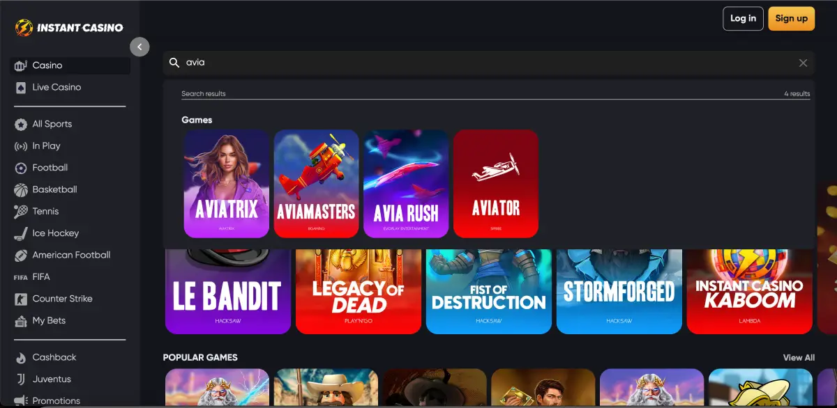 Instant CasinoロビーでのAvia Rushの場所