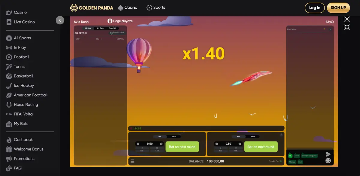 Golden Pandaカジノロビーで起動したAvia Rushクラッシュゲーム