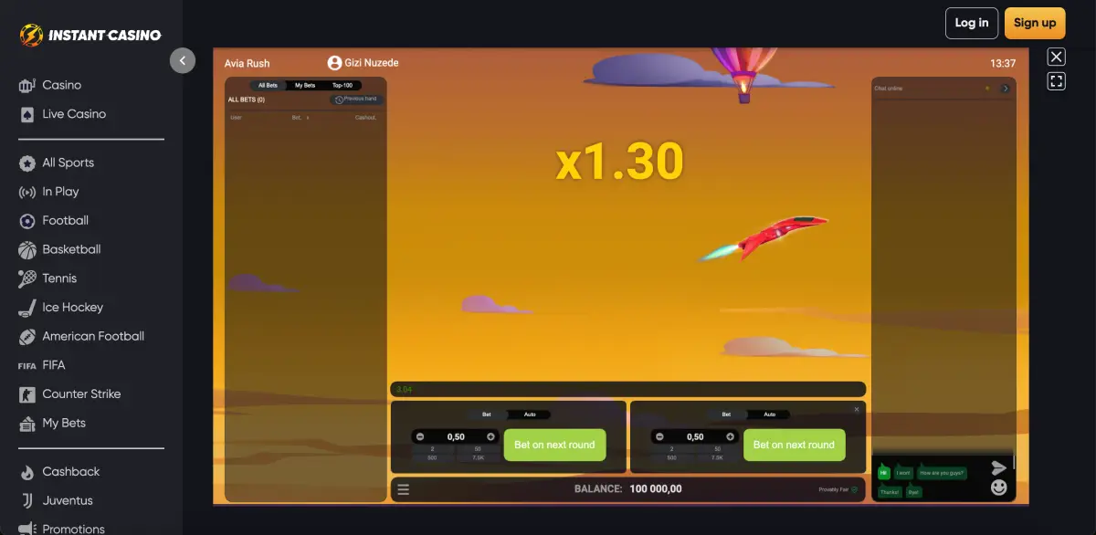 Instant Casino Avia Rush：ロケットとマルチプライヤーのプレイ画面