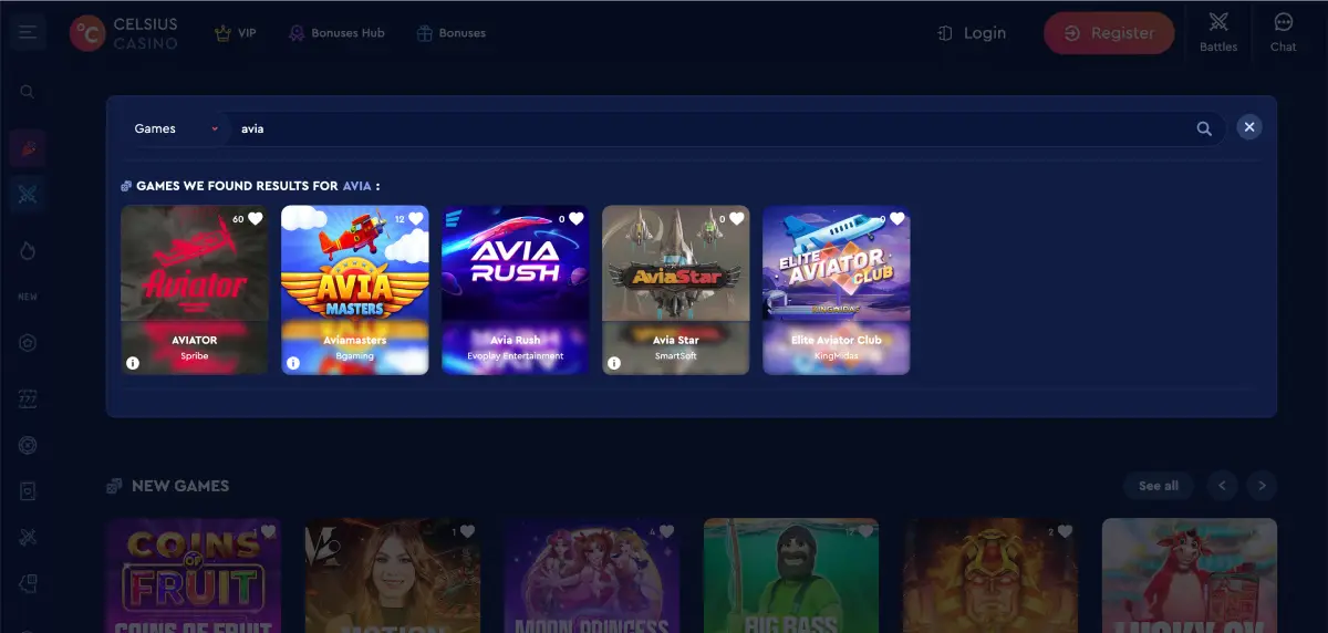 Celsius CasinoのゲームカタログでAvia Rushを見つける方法